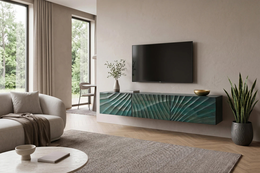 Floating TV Stand Fossil 160cm Mango Wood Turquoise 3D Effect