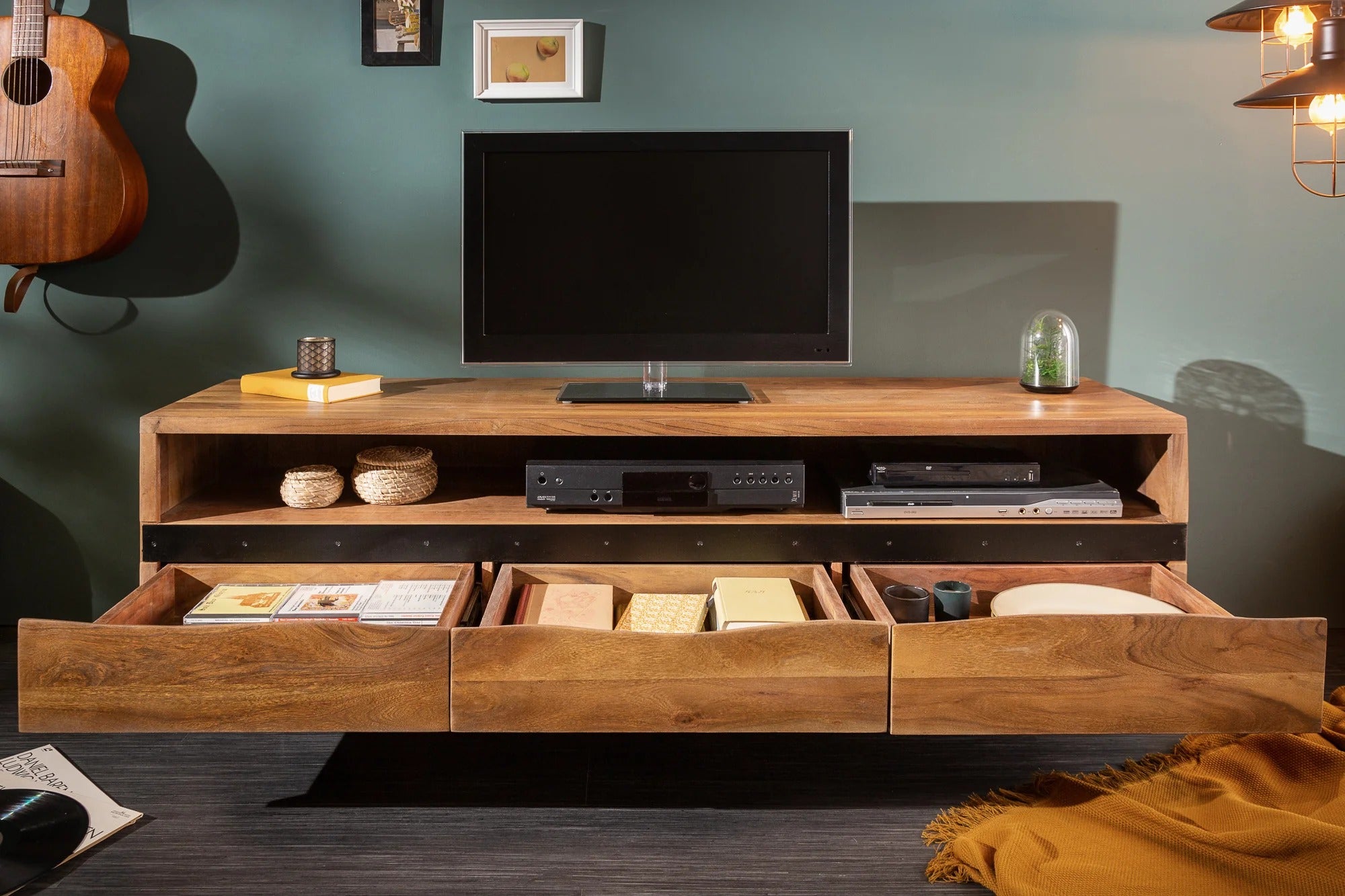 TV Stand Monolith 160cm Acacia Wood Honey Black