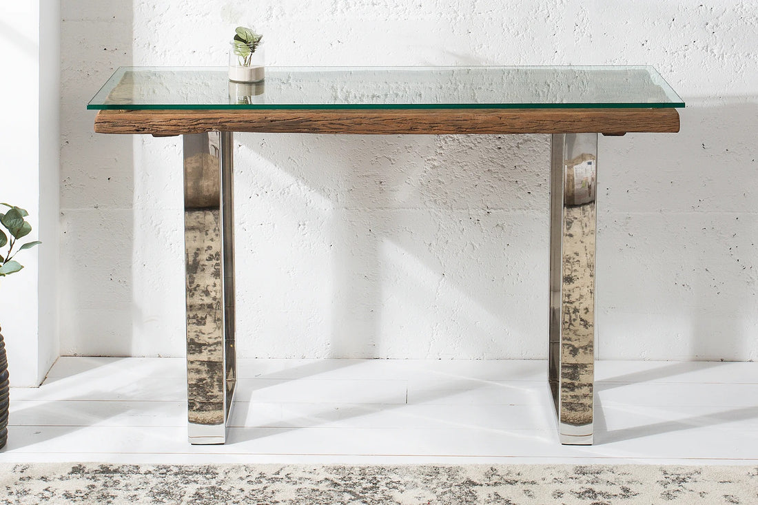 Console Table Barracuda 120cm Recycled Teak Wood Natural With Glass Top