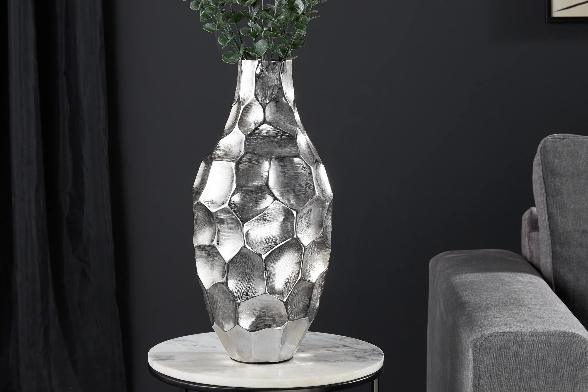 Vase Organic Orient 45cm Hammered Metal Silver
