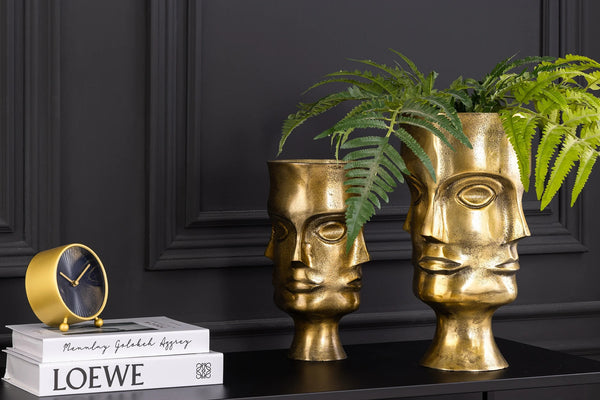 Set Of 2 Vases Face 38cm Metal Antique Brass Look