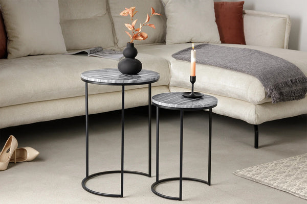 Set Of 2 Round Side Tables Elements 45cm/55cm Marble Grey