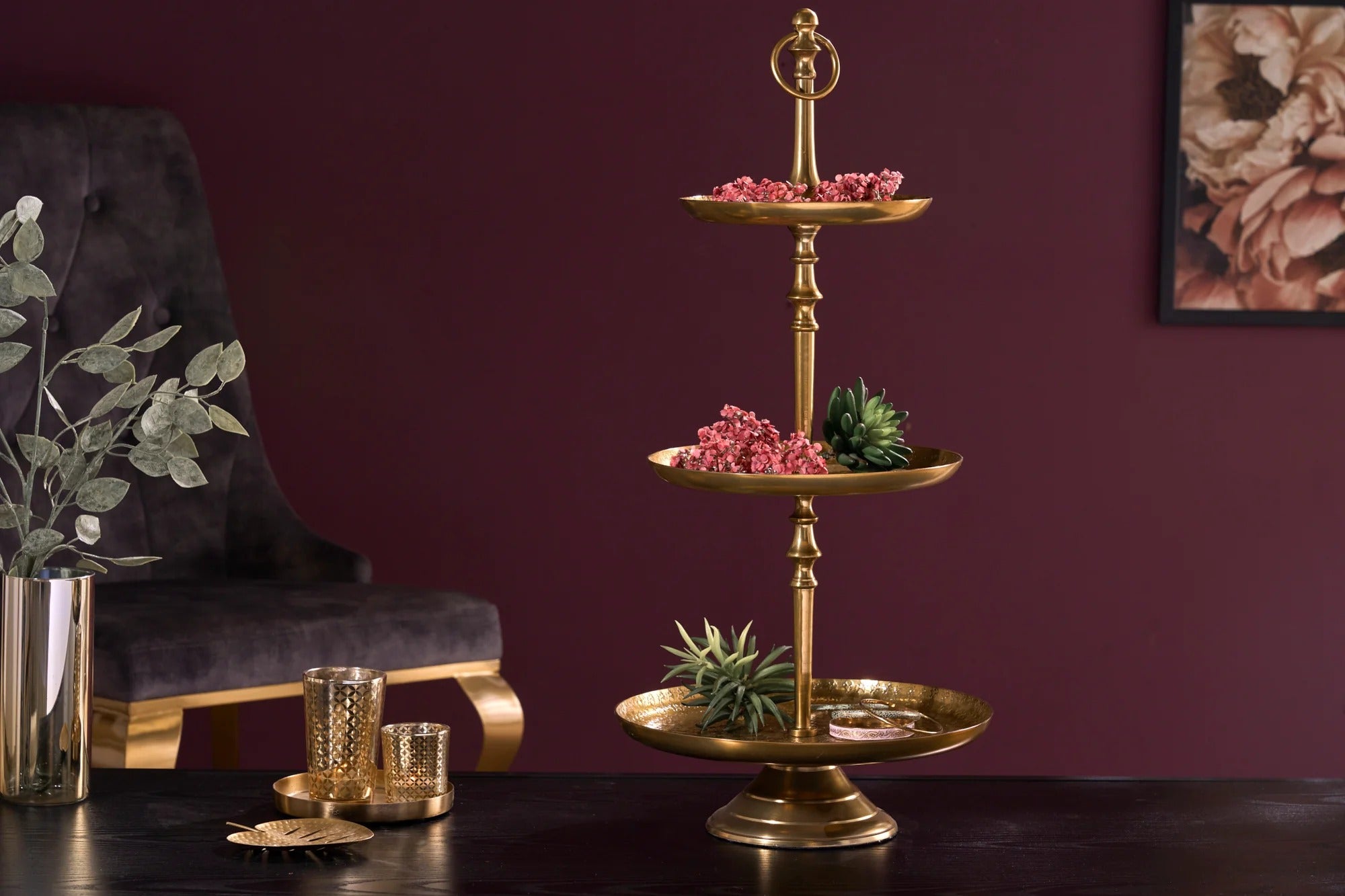 Three Tier Cake Stand Orient 65cm Hammered Metal Gold
