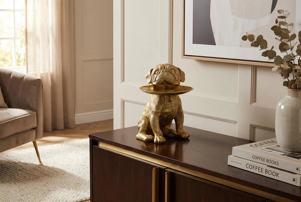 Decoration Figurine Bulldog 32cm Polyresin Gold Money Box & Tray