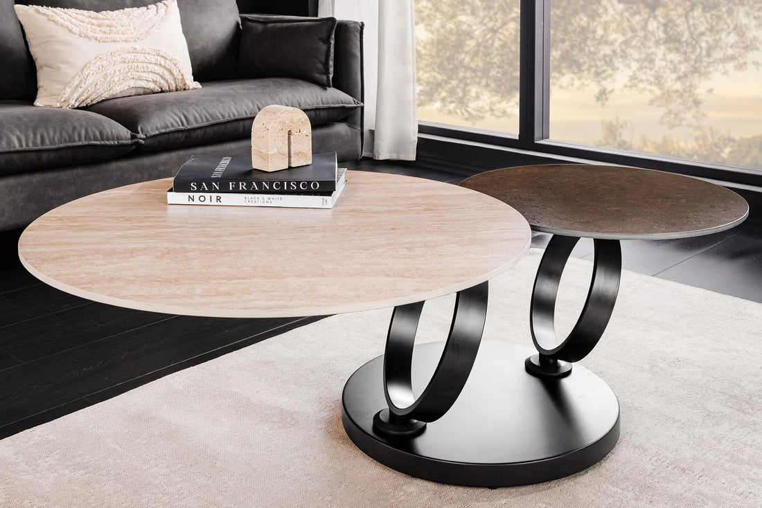 Rotating Coffee Table Axis 80-133cm Ceramic Travertine & Rust
