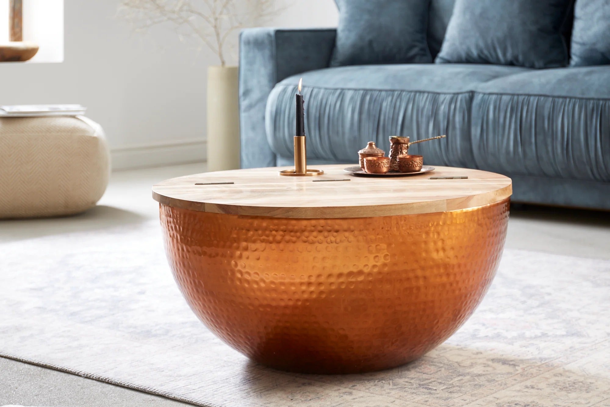 Round Coffee Table Orient Storage 60cm Mango Wood Copper