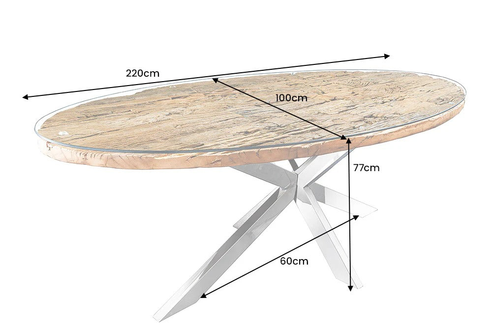 Oval Dining Table Barracuda 220cm Teak Wood Brown Cross Frame With Glass Top