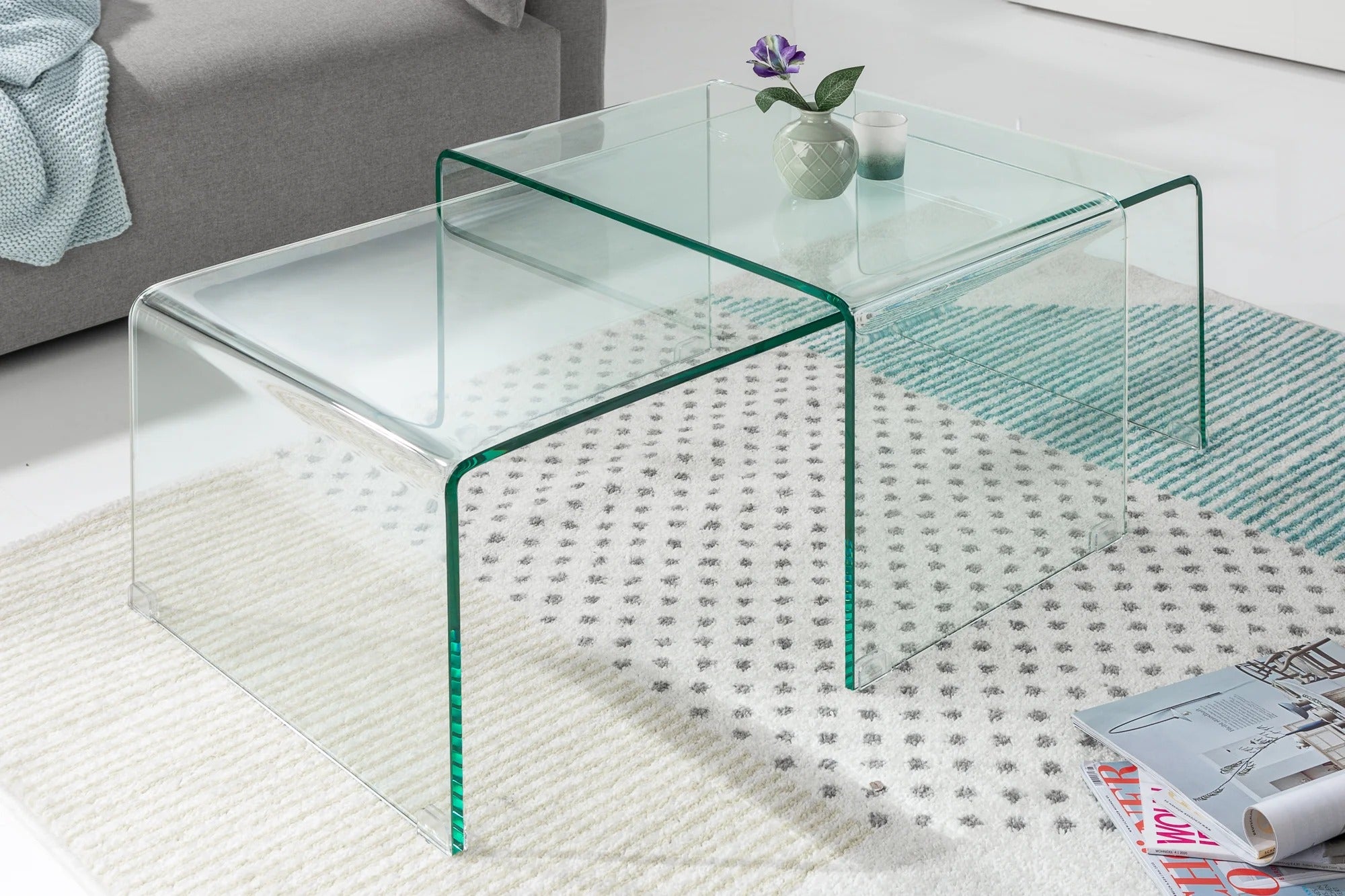 Set Of 2 Nesting Coffee Tables Quartz 60cm/100cm Glass