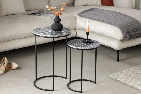 Set Of 2 Round Side Tables Elements 45cm/55cm Marble Grey