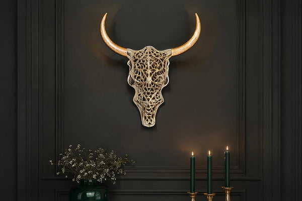 Decorative Skull Exotic Bull 57cm Metal Gold Mango Wood Natural
