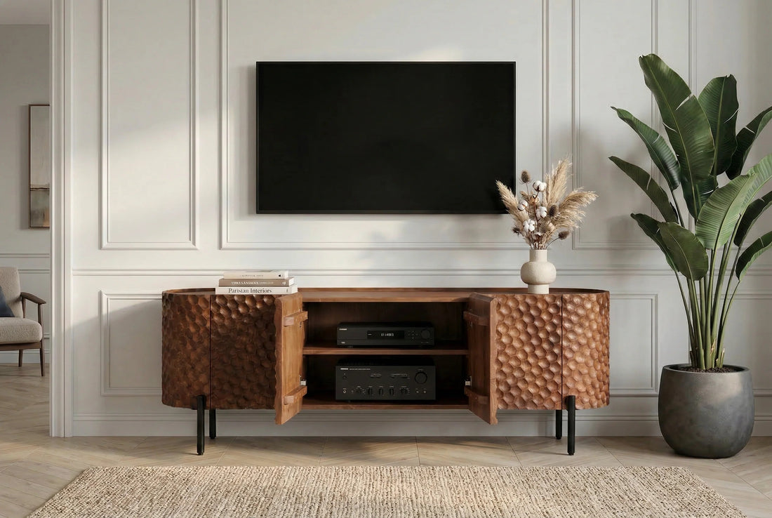 TV Stand Adlon 160cm Mango Wood Brown 3D Effect