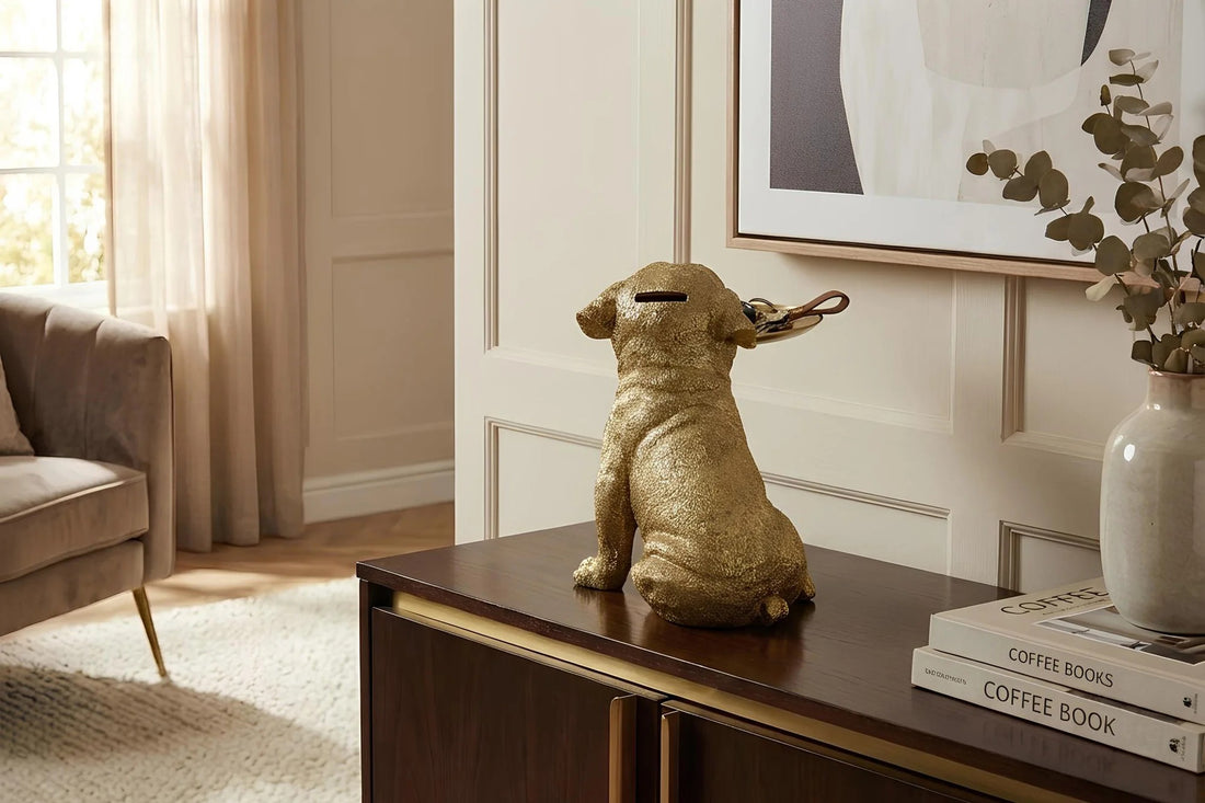 Decoration Figurine Bulldog 32cm Polyresin Gold Money Box & Tray