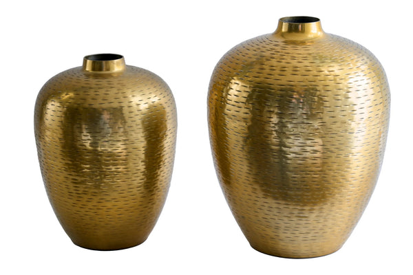 Set Of 2 Vases Oriental 27cm/32cm Hammered Metal Gold