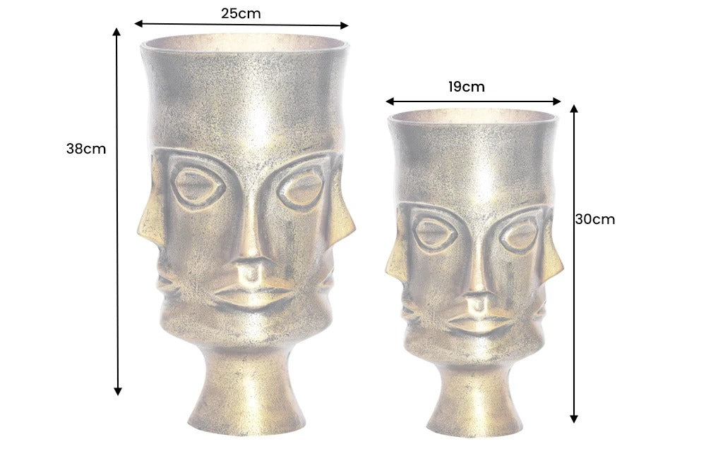 Set Of 2 Vases Face 38cm Metal Antique Brass Look