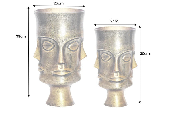 Set Of 2 Vases Face 38cm Metal Antique Brass Look