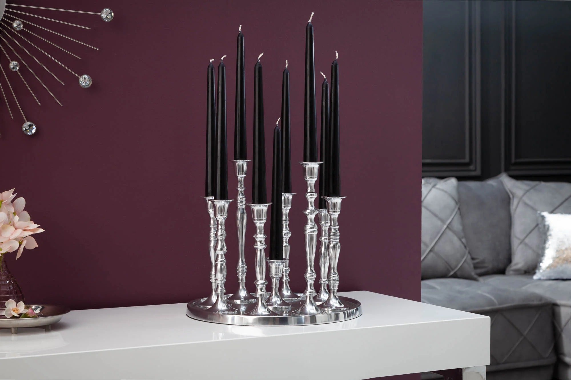9-Flame Candlestick Baroque 30cm Metal Silver