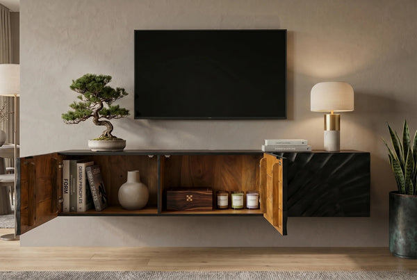 Floating TV Stand Fossil 160cm Mango Wood Black