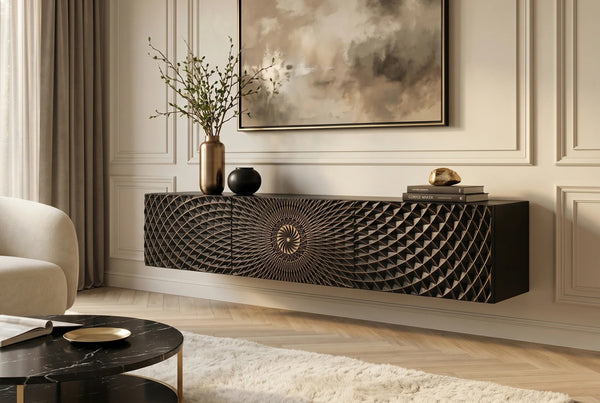 Floating TV Stand Illusion 160cm Mango Wood Black 3D Effect