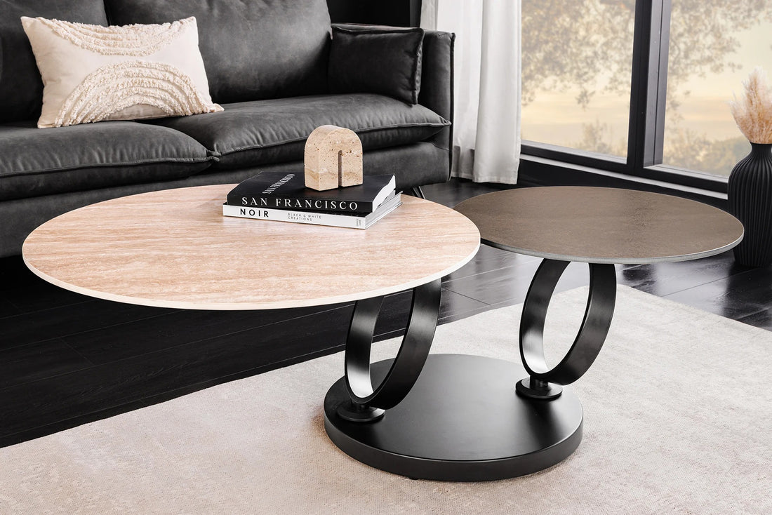 Rotating Coffee Table Axis 80-133cm Ceramic Travertine & Rust