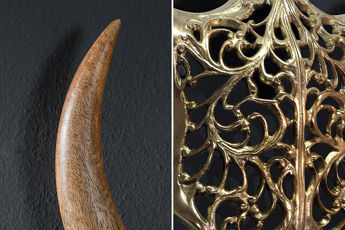 Decorative Skull Exotic Bull 57cm Metal Gold Mango Wood Natural