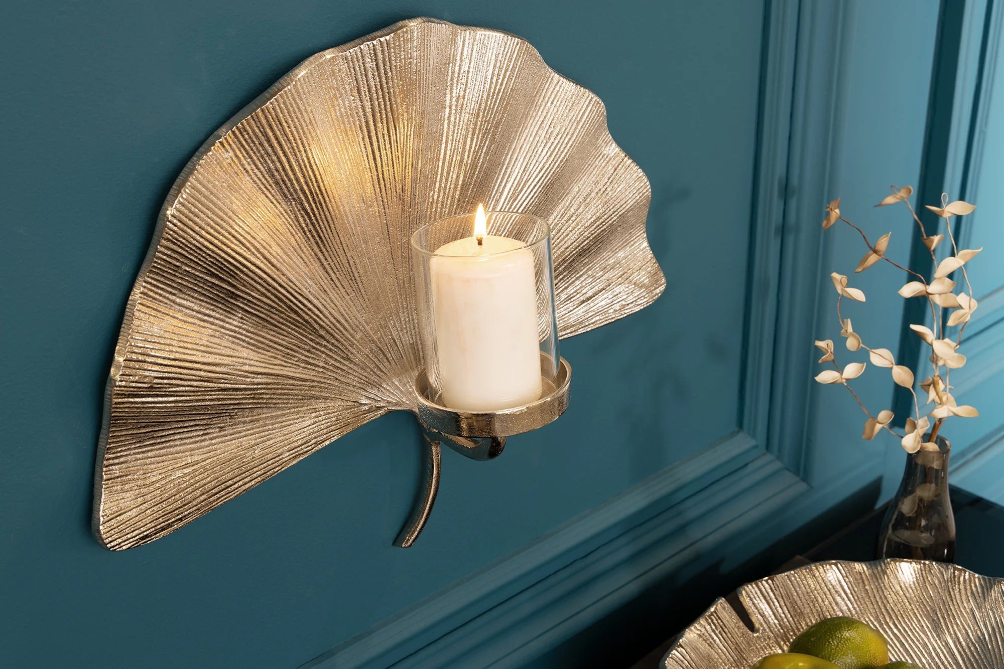 Decorative Wall Candlestick Ginkgo 44cm Metal Silver