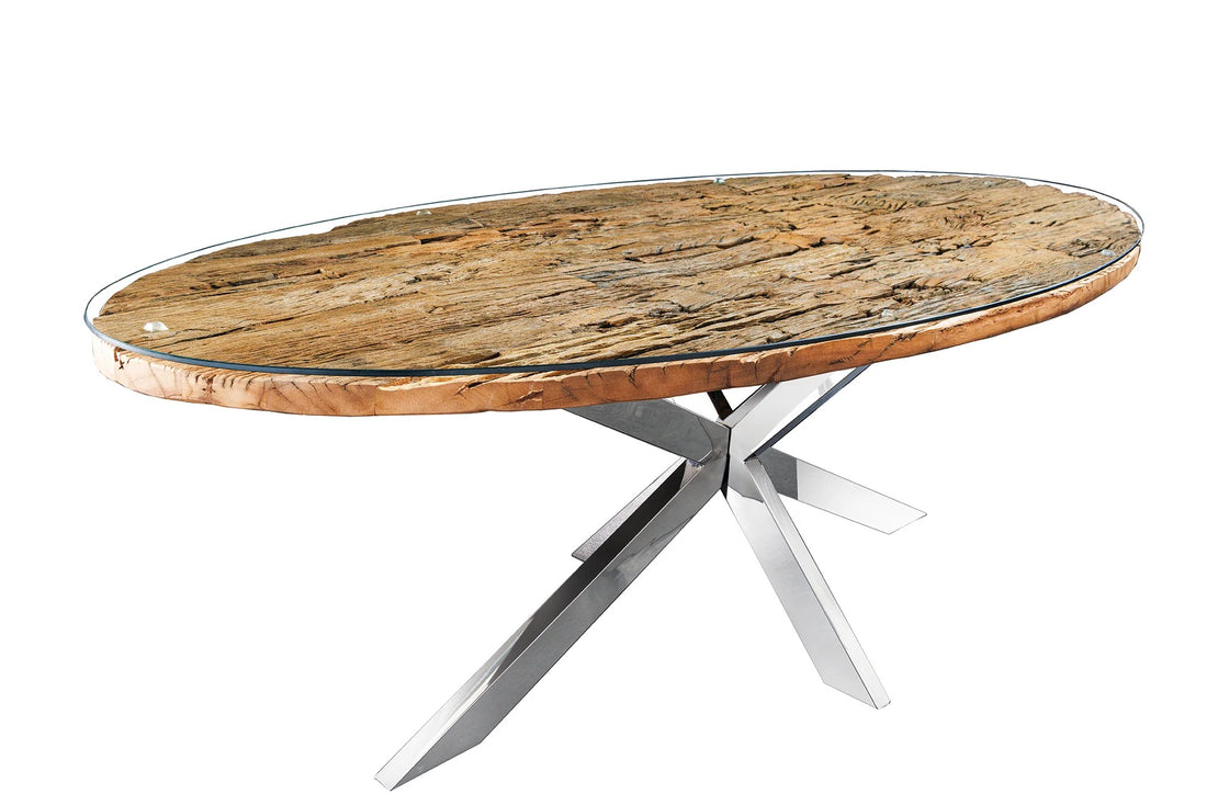 Oval Dining Table Barracuda 220cm Teak Wood Brown Cross Frame With Glass Top