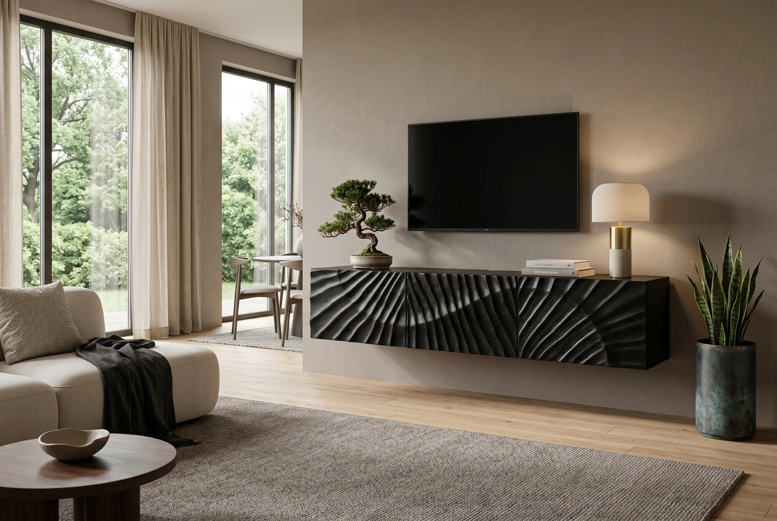 Floating TV Stand Fossil 160cm Mango Wood Black