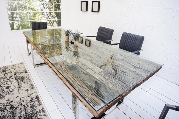 Dining Table Barracuda 200cm Recycled Teak Wood Brown With Glass Top