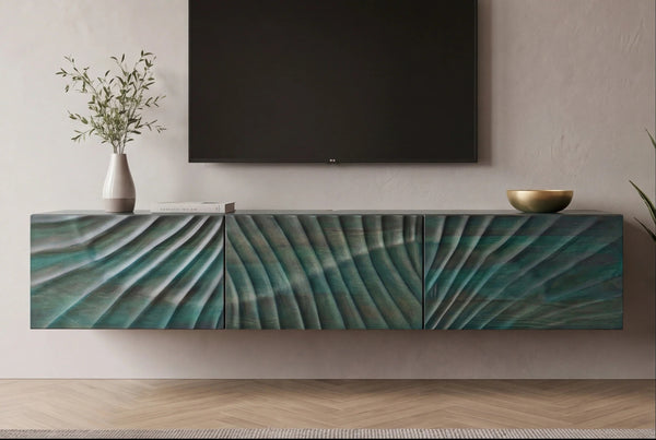 Floating TV Stand Fossil 160cm Mango Wood Turquoise 3D Effect