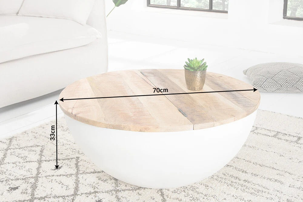 Round Coffee Table Industrial Storage 70cm Mango Wood White