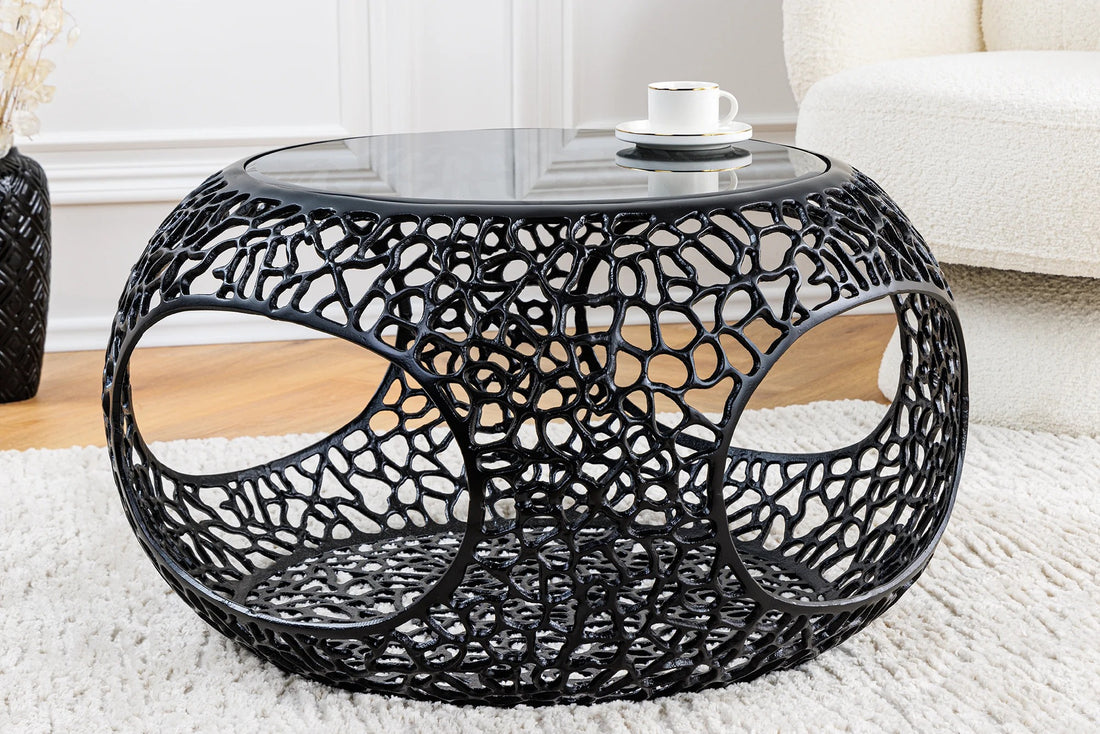Round Coffee Table Ambrosia 74cm Metal Black Glass