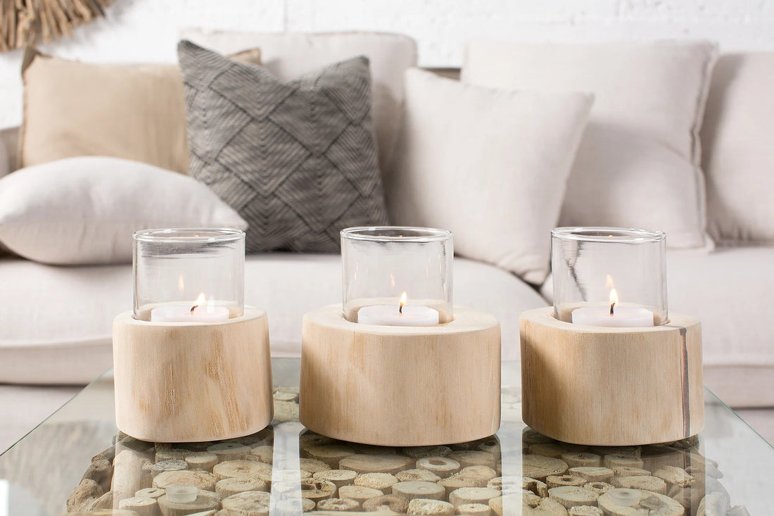 Set Of Three Candle Holders Limotion 14cm Teak Wood Natural