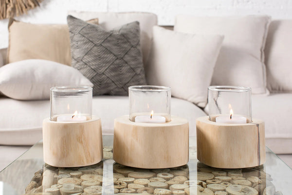 Set Of 3 Candle Holders Limotion 14cm Teak Wood Natural