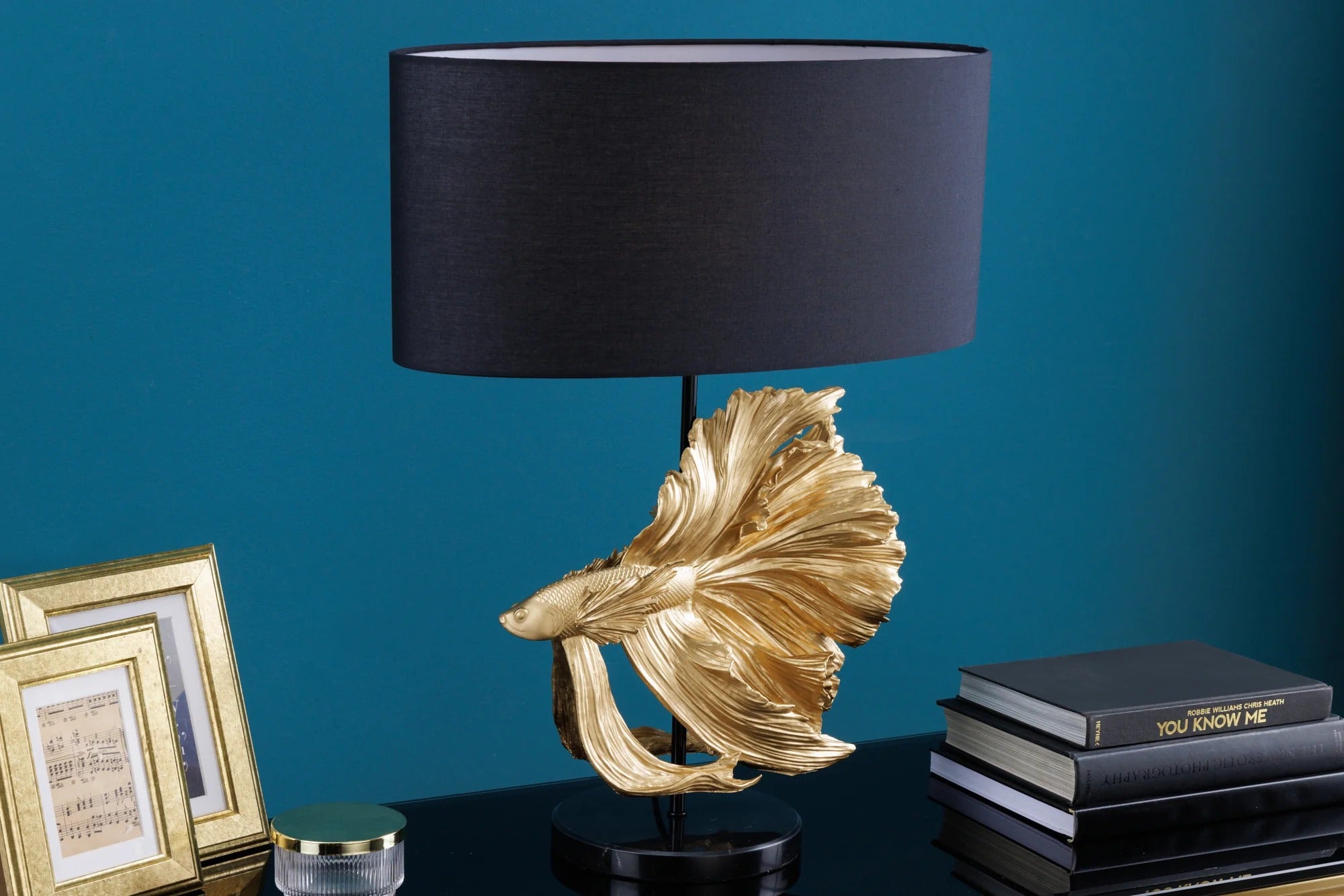 Table Lamp Crowntail 64cm Black Gold Fabric Shade Marble Base