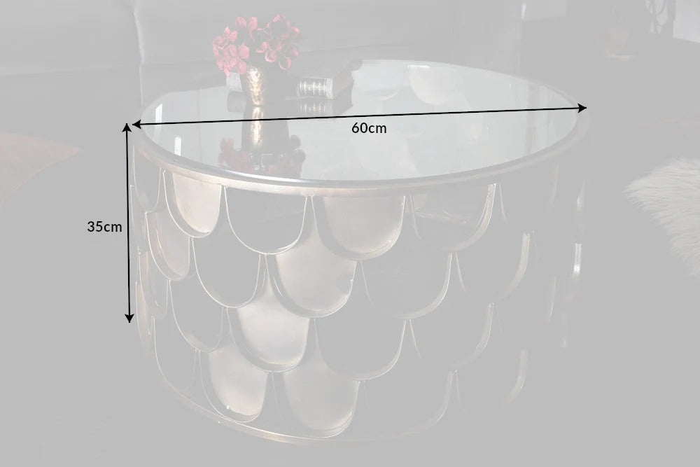 Round Coffee Table Abstract 60cm Metal Antique Brass Fish Scale Design
