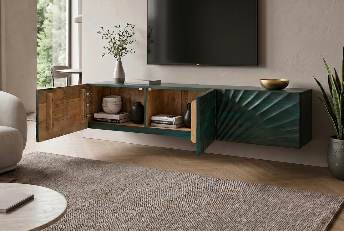 Floating TV Stand Fossil 160cm Mango Wood Turquoise 3D Effect
