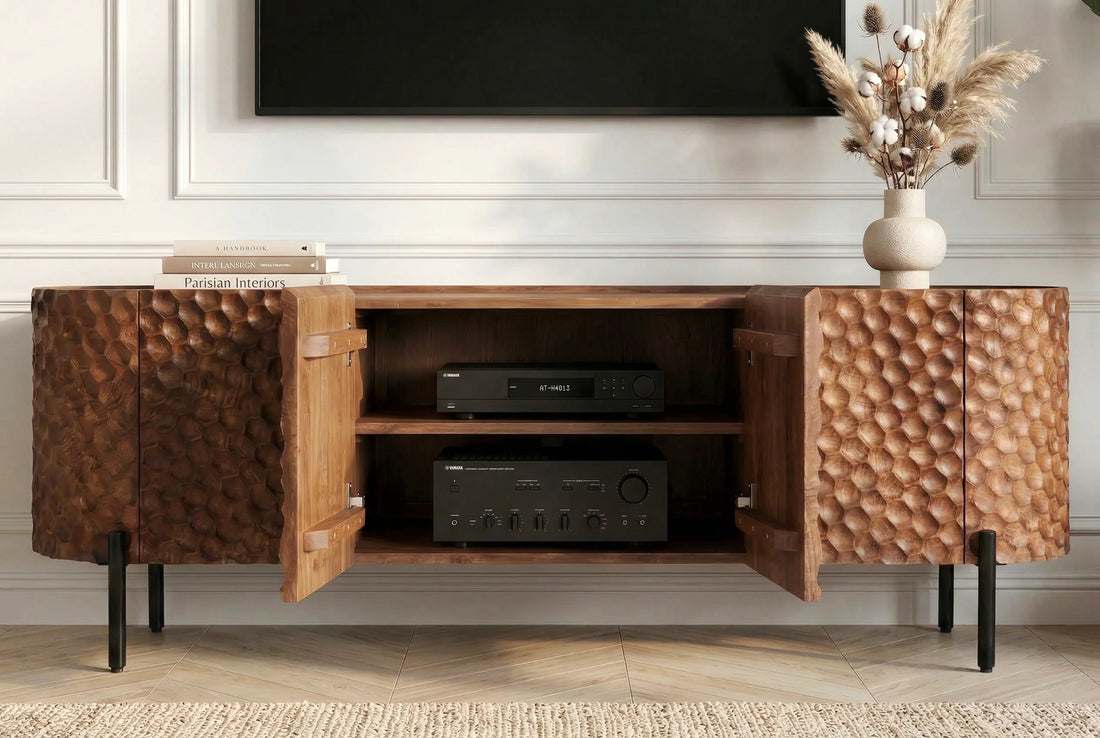 TV Stand Adlon 160cm Mango Wood Brown 3D Effect