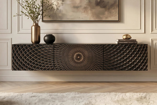 Floating TV Stand Illusion 160cm Mango Wood Black 3D Effect