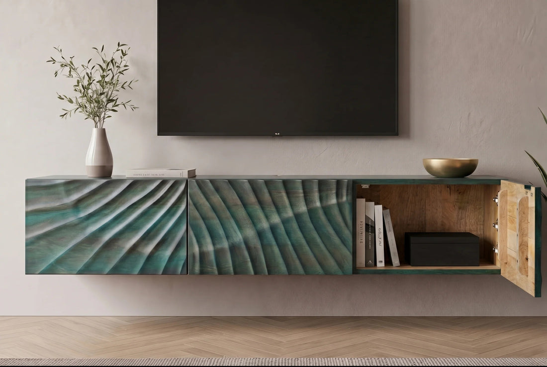 Floating TV Stand Fossil 160cm Mango Wood Turquoise 3D Effect