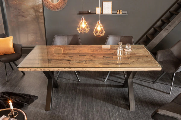 Dining Table Barracuda 180cm Recycled Teak Wood Brown X-Frame With Glass Top