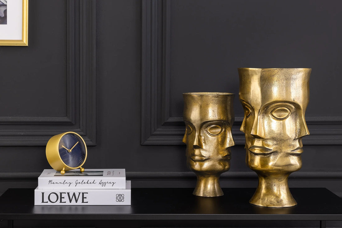 Set Of 2 Vases Face 38cm Metal Antique Brass Look