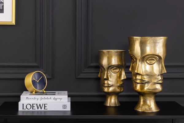 Set Of 2 Vases Face 38cm Metal Antique Brass Look