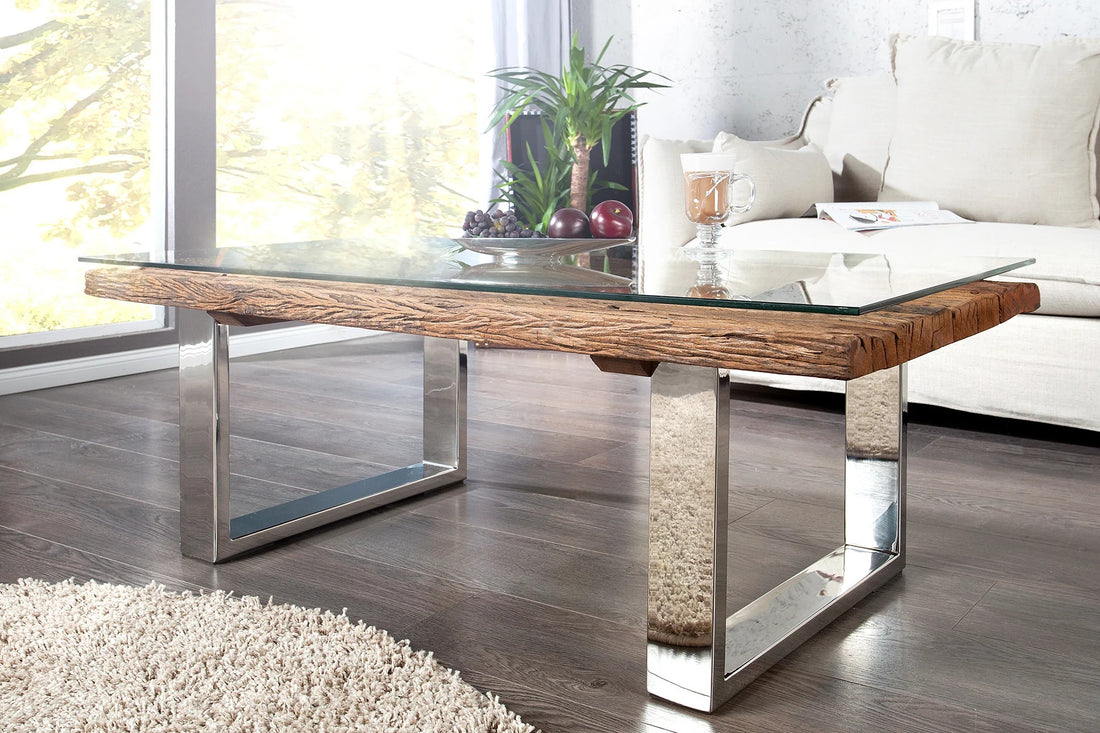 Coffee Table Barracuda II 110cm Recycled Wood Brown With Glass Top