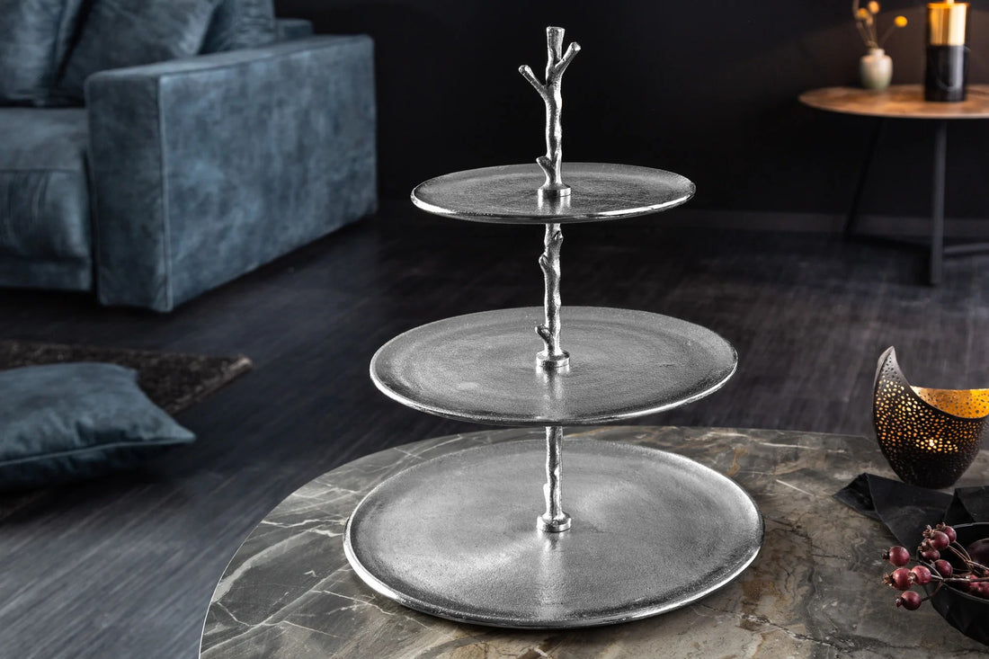 Three Tier Cake Stand Abstract 48cm Metal Silver