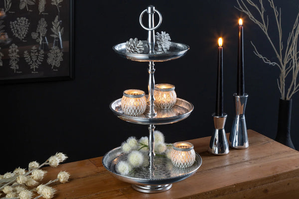Three Tier Cake Stand Orient 47x26cm Hammered Metal Silver