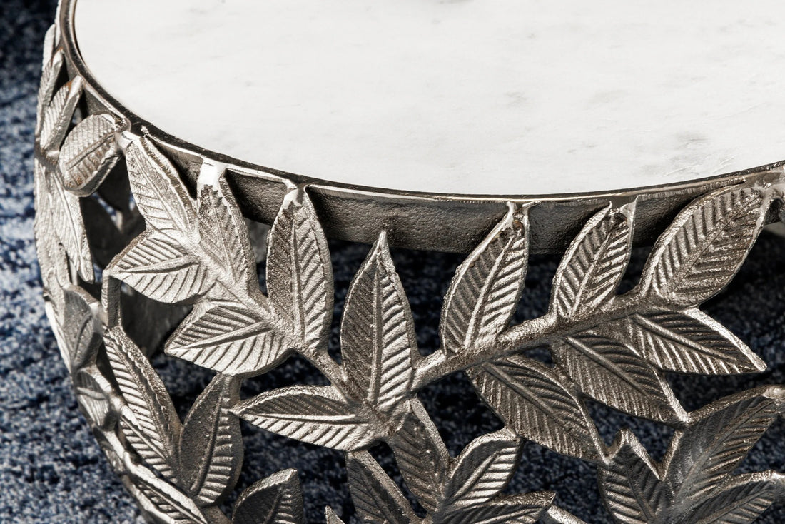 Set Of Two Round Nesting Coffee Tables Abstract Leaf 54cm/68cm Metal Silver Marble White