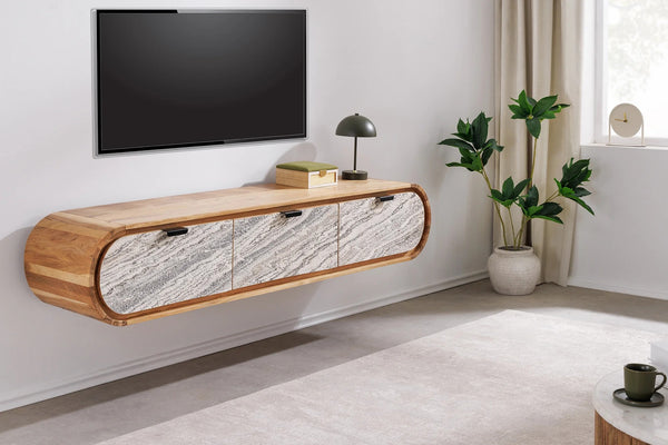 Floating TV Stand Leno 160cm Acacia Wood Natural Stone Veneer
