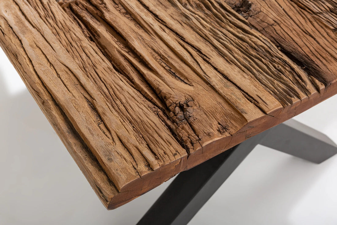 Dining Table Barracuda 220cm Recycled Teak Wood Brown X-Frame With Glass Top