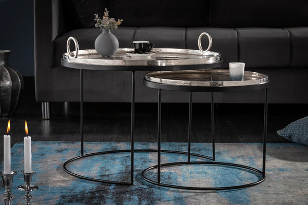 Set Of 2 Round Side Tables Elements Orient 39cm/45cm Metal Silver