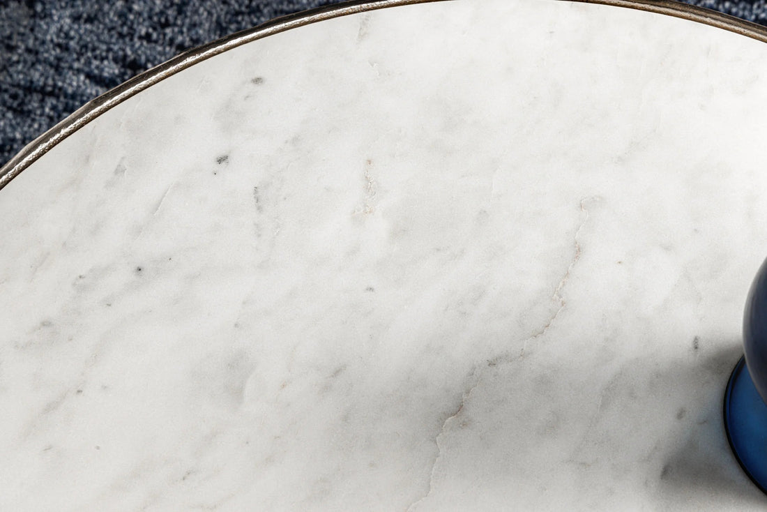 Set Of Two Round Nesting Coffee Tables Abstract Leaf 54cm/68cm Metal Silver Marble White